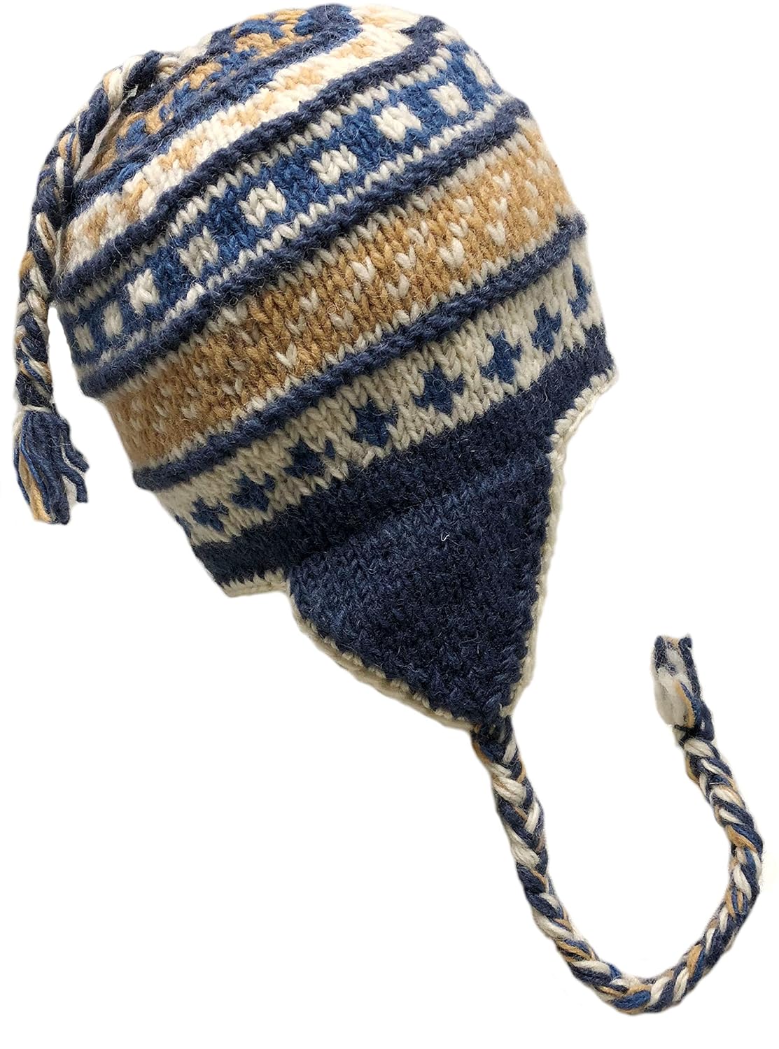 尼泊尔手工针织夏尔巴帽,带耳罩,trapper ski 厚羊毛羊毛内衬帽